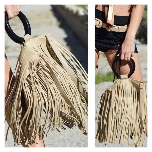 Suede Fringe Bag with Wooden Handles - Picture 2 of 8